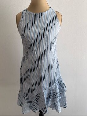 London Times Blue & White Diagonal-Stripe Ruffle-Hem Mini Dress